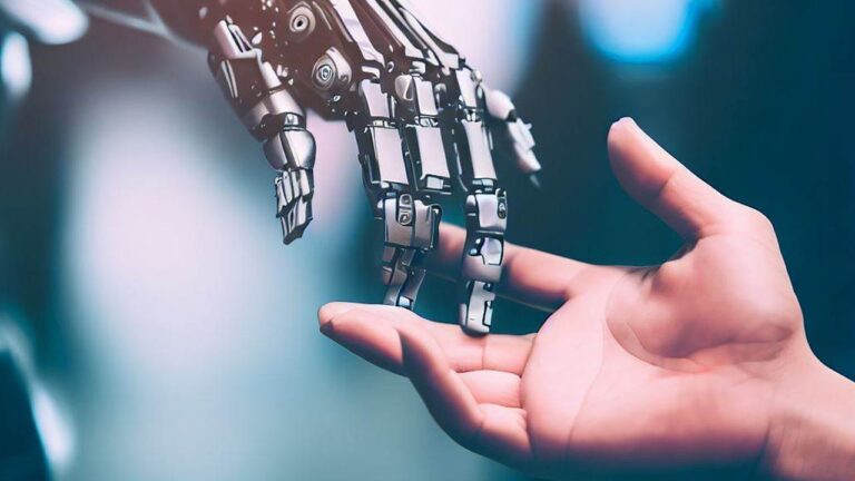 A human hand is seen raised, rejecting a robotic hand, symbolizing the idea of humans rejecting AI.